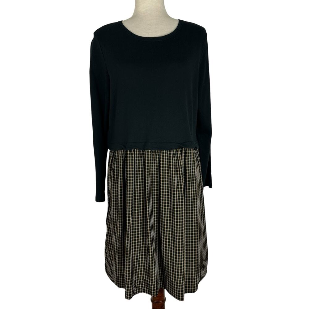 J Jill Dress Women XL Petite Black Gingham Plaid Cabincore Academia Long Sleeve